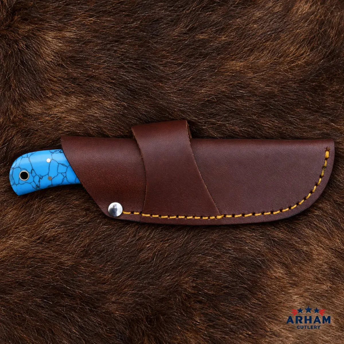 Turquoise Ridge Damascus Hunting Knife – Faux Turquoise Handle Arham Cutlery
