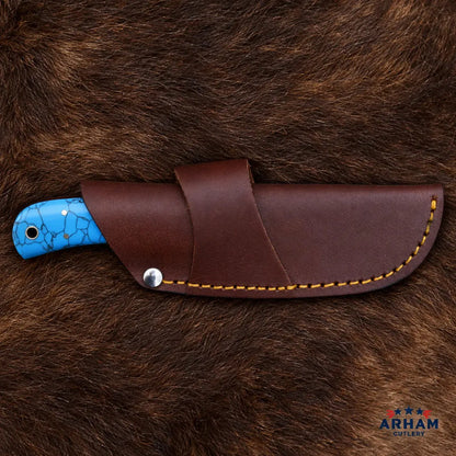 Turquoise Ridge Damascus Hunting Knife – Faux Turquoise Handle Arham Cutlery