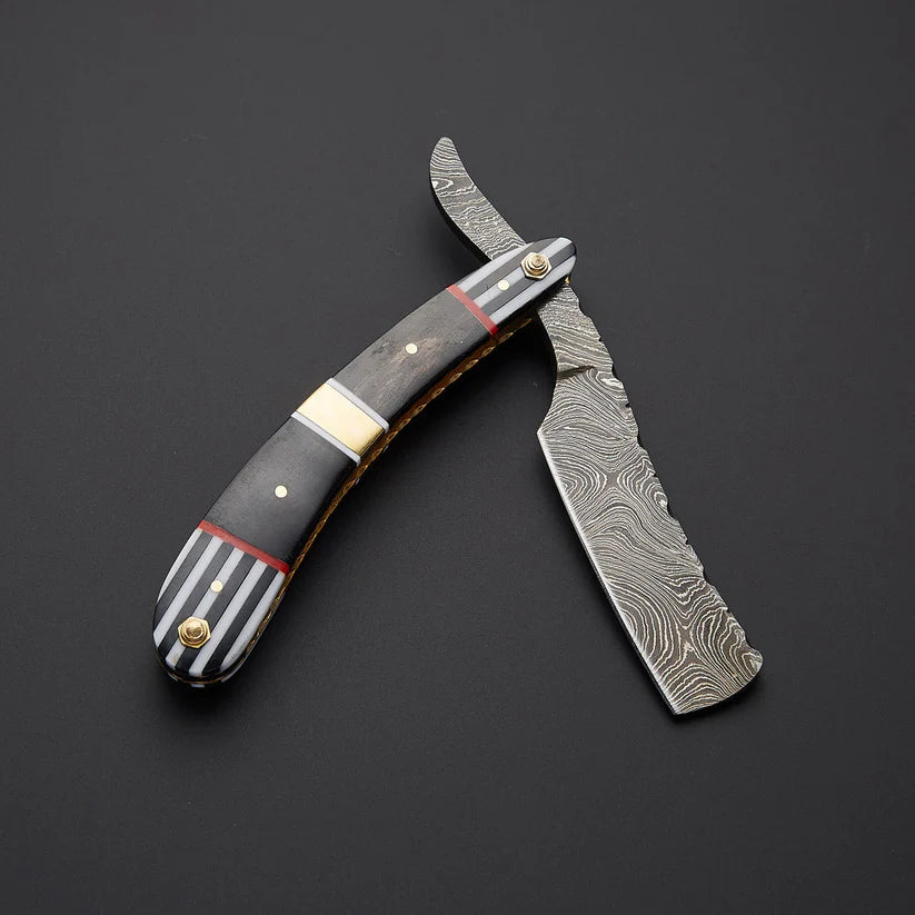 Custom Handmade Damascus Steel Straight Razor – Twist Pattern Blade, Bone & Wood Handle, Leather Sheath Included - Arham Cutlery