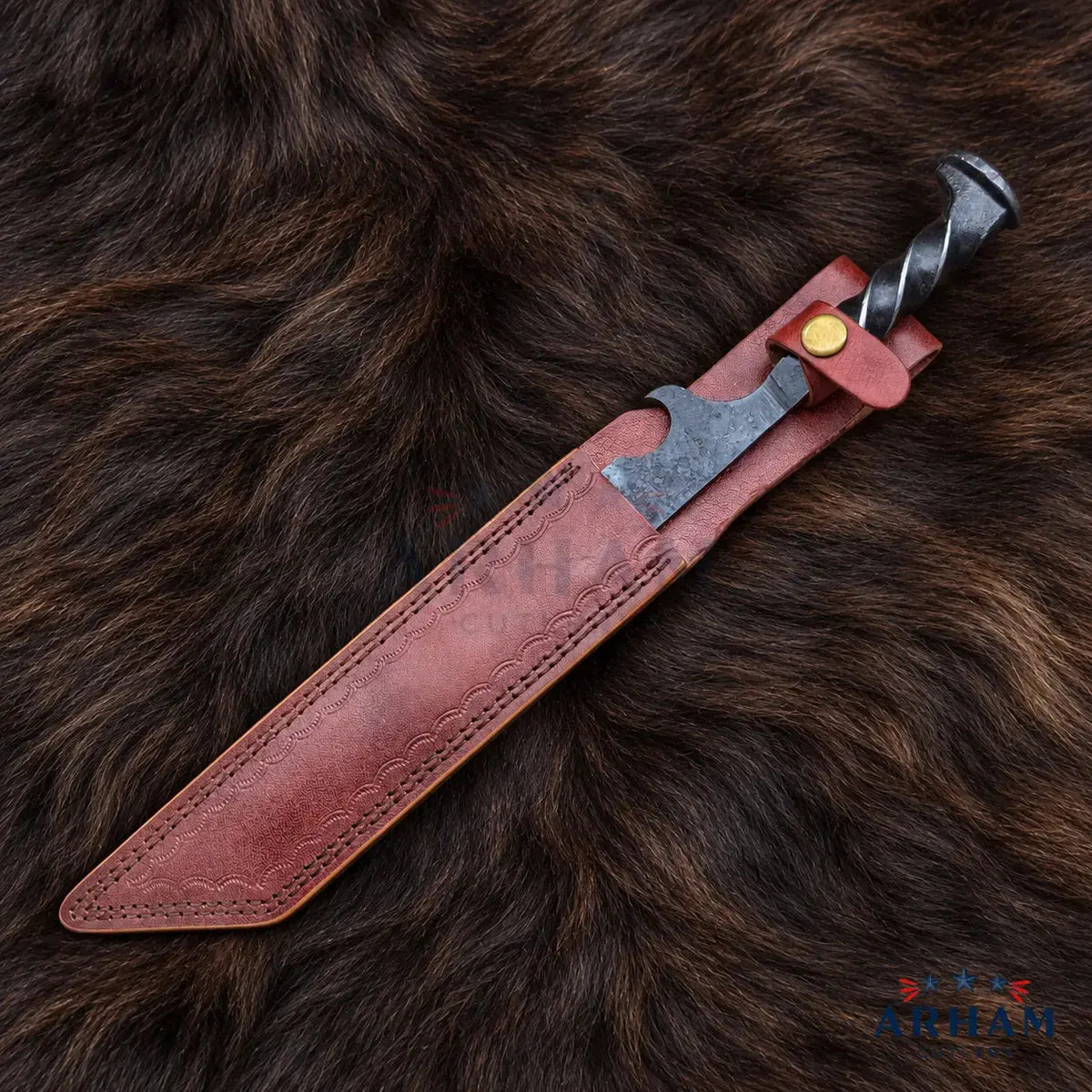 A fixed-blade knife with a dark metal blade and handle, secured in a brown leather sheath, displayed on a dark brown fur background.