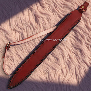 UlfSune Damascus Viking Sword with brass wolf guard, leather-wrapped handle, and back-carry red leather sheath – Arham Cutlery
