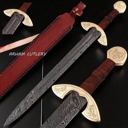 UlfSune Damascus Viking Sword with brass wolf guard, leather-wrapped handle, and back-carry red leather sheath – Arham Cutlery