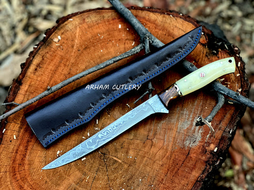 Custom Damascus Fillet Knife with Camel Bone and Rosewood Handle – Arham Cutlery