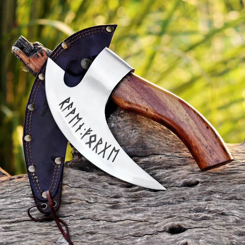 Personalized Viking Axe Pizza Cutter – Hand-Forged Stainless Steel Blade with Ash Wood Handle & Leather Sheath | Arham Cutlery