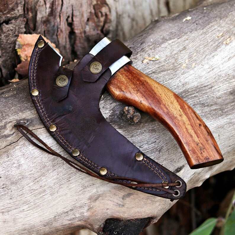 Personalized Viking Axe Pizza Cutter – Hand-Forged Stainless Steel Blade with Ash Wood Handle & Leather Sheath | Arham Cutlery