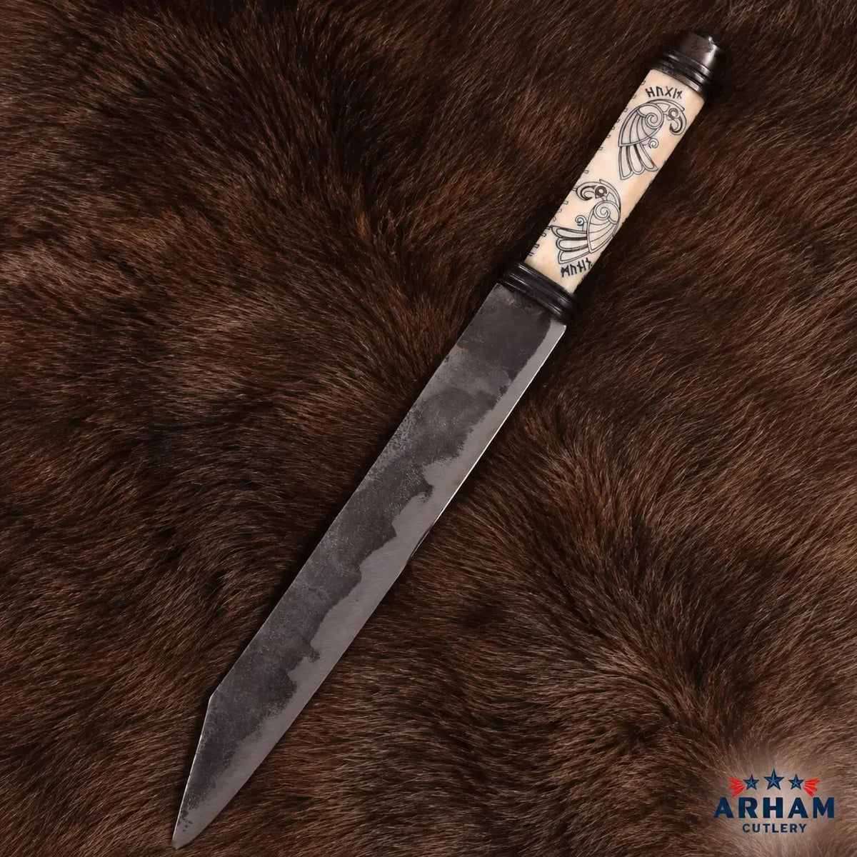 Twin Raven Viking Long Seax Knife – Carbon Steel & Etched Bone Handle Arham Cutlery