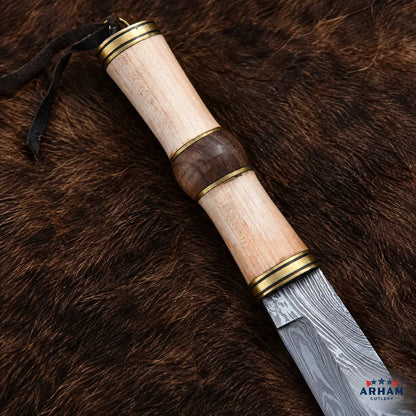 Goatskin Raven Viking Seax Knife – Damascus Steel & Wood Handle Arham Cutlery