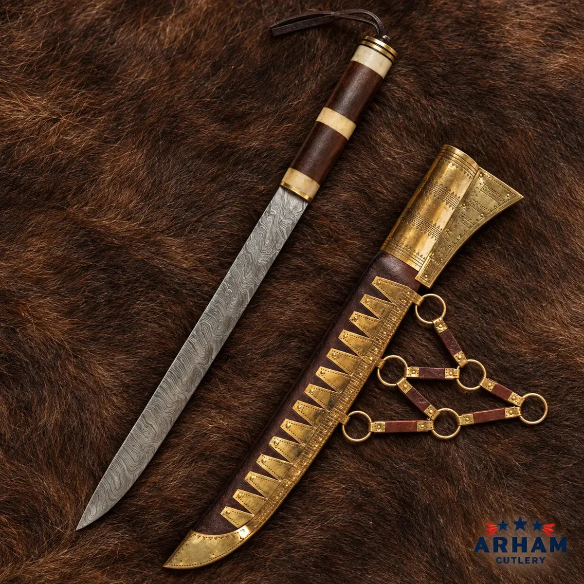 Norsefang Longseax Viking Seax Knife – Damascus Steel & Wood Bone Handle Arham Cutlery
