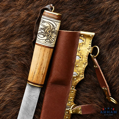 Knotbone Raven Viking Seax Knife – Damascus Steel Wood & Bone Handle Arham Cutlery