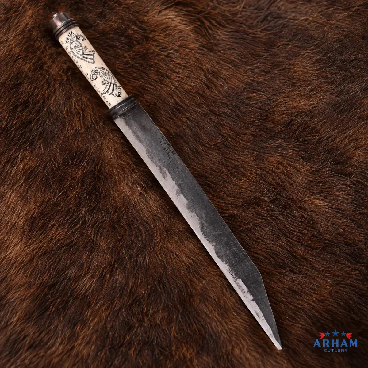 Twin Raven Viking Long Seax Knife – Carbon Steel & Etched Bone Handle Arham Cutlery