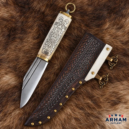 Borre Serpent Viking Seax Knife – Carbon Steel & Carved Bone Handle Arham Cutlery