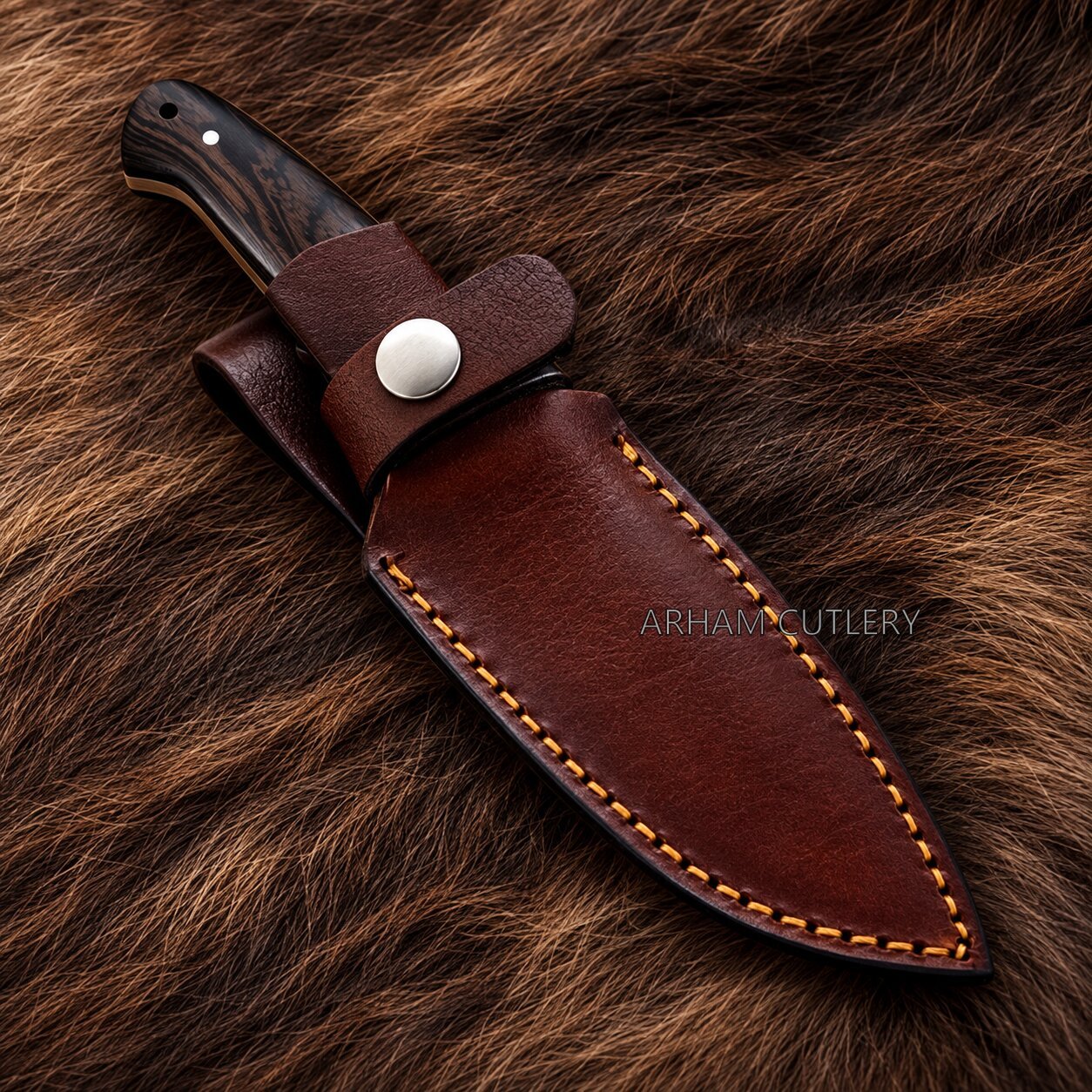 A fixed-blade knife with a dark wood handle and a brown leather sheath, displayed diagonally on a brown fur background. The sheath features contrast stitching and a silver snap button.