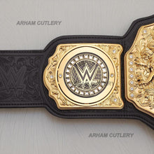 Load image into Gallery viewer, WWE World Heavyweight Championship Replica Title Belt with gold zinc alloy plates and black strap
