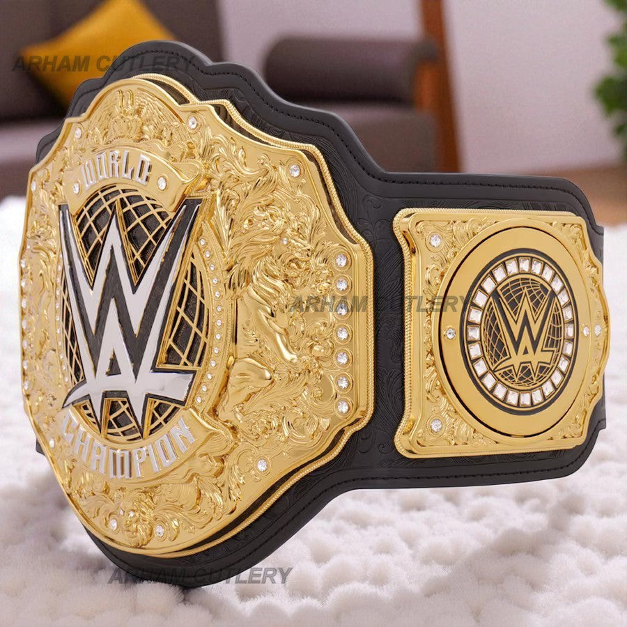 WWE World Heavyweight Championship Replica Title Belt with gold zinc alloy plates and black strap