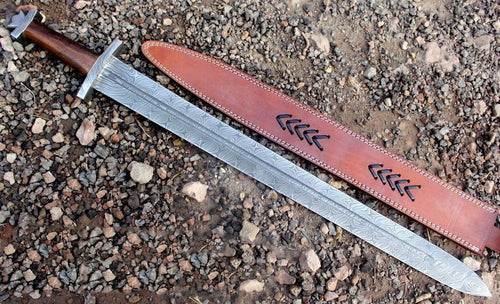 Custom Handmade Damascus Steel Sword With Leather Sheath A-143 - Arham Cutlery