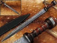 Lade das Bild in den Galerie-Viewer, Custom Handmade Damascus Steel Sword With Leather Sheath A-144 - Arham Cutlery
