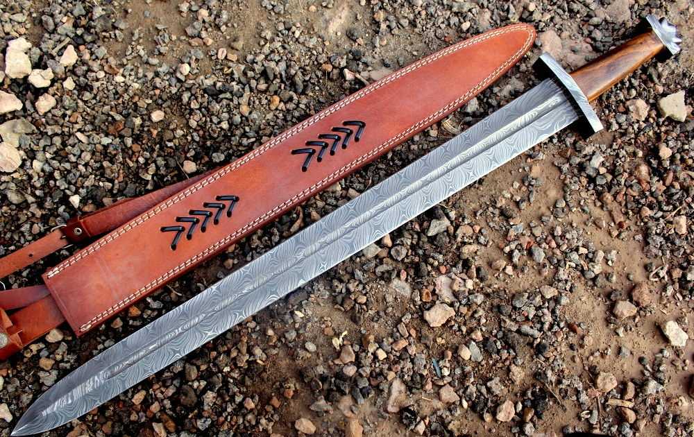 Custom Handmade Damascus Steel Sword With Leather Sheath A-146 - Arham Cutlery