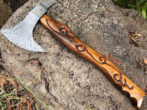 Custom Handmade Damascus Steel Axe With Leather Sheath A-92 - Arham Cutlery