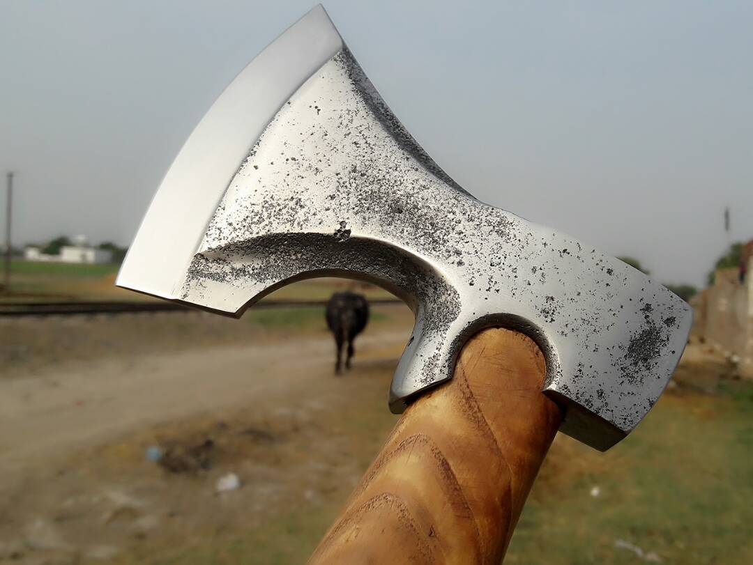 Custom Handmade Damascus Steel Axe With Leather Sheath A-100 - Arham Cutlery