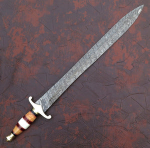 Custom Handmade Damascus Steel Sword With Leather Sheath A-150 - Arham Cutlery