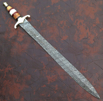 Custom Handmade Damascus Steel Sword With Leather Sheath A-150 - Arham Cutlery