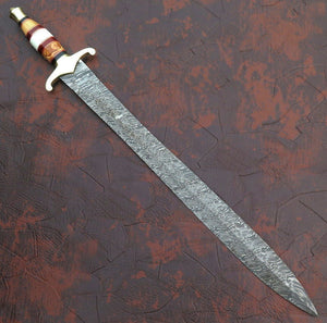 Custom Handmade Damascus Steel Sword With Leather Sheath A-150 - Arham Cutlery