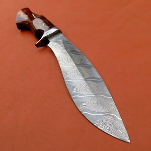 Custom Made Damascus Steel Hunting Kukri Knife With Leather Sheath A-111 - Arham Cutlery