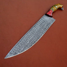 Load image into Gallery viewer, Custom Made Damascus Steel Hunting Bowie Knife With Leather Sheath A-112 - Arham Cutlery
