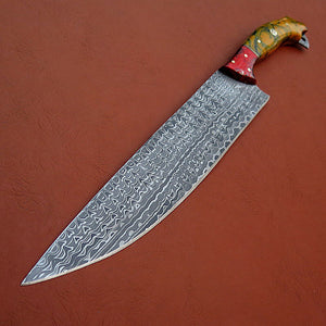 Custom Made Damascus Steel Hunting Bowie Knife With Leather Sheath A-112 - Arham Cutlery