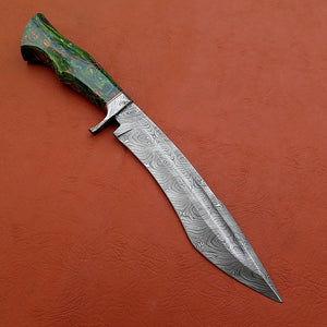 Custom Made Damascus Steel Hunting Bowie Knife With Leather Sheath A-113 - Arham Cutlery