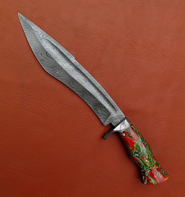 Custom Made Damascus Steel Hunting Bowie Knife With Leather Sheath A-113 - Arham Cutlery