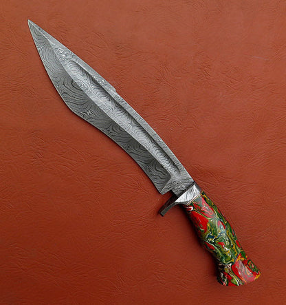 Custom Made Damascus Steel Hunting Bowie Knife With Leather Sheath A-113 - Arham Cutlery