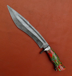 Custom Made Damascus Steel Hunting Bowie Knife With Leather Sheath A-113 - Arham Cutlery