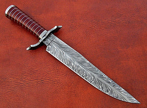 Custom Made Damascus Steel Hunting Bowie Knife With Leather Sheath A-115 - Arham Cutlery