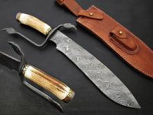 Load image into Gallery viewer, Custom Made Damascus Steel Hunting Bowie Knife With Leather Sheath A-116 - Arham Cutlery
