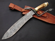 Load image into Gallery viewer, Custom Made Damascus Steel Hunting Bowie Knife With Leather Sheath A-116 - Arham Cutlery
