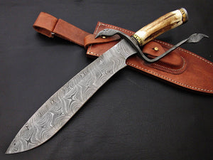 Custom Made Damascus Steel Hunting Bowie Knife With Leather Sheath A-116 - Arham Cutlery