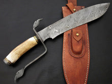 Load image into Gallery viewer, Custom Made Damascus Steel Hunting Bowie Knife With Leather Sheath A-116 - Arham Cutlery
