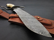 Load image into Gallery viewer, Custom Made Damascus Steel Hunting Bowie Knife With Leather Sheath A-116 - Arham Cutlery
