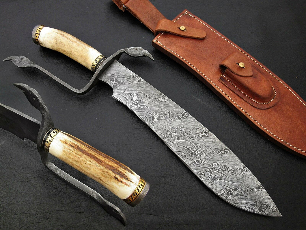 Custom Made Damascus Steel Hunting Bowie Knife With Leather Sheath A-116 - Arham Cutlery