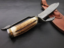 Load image into Gallery viewer, Custom Made Damascus Steel Hunting Bowie Knife With Leather Sheath A-116 - Arham Cutlery
