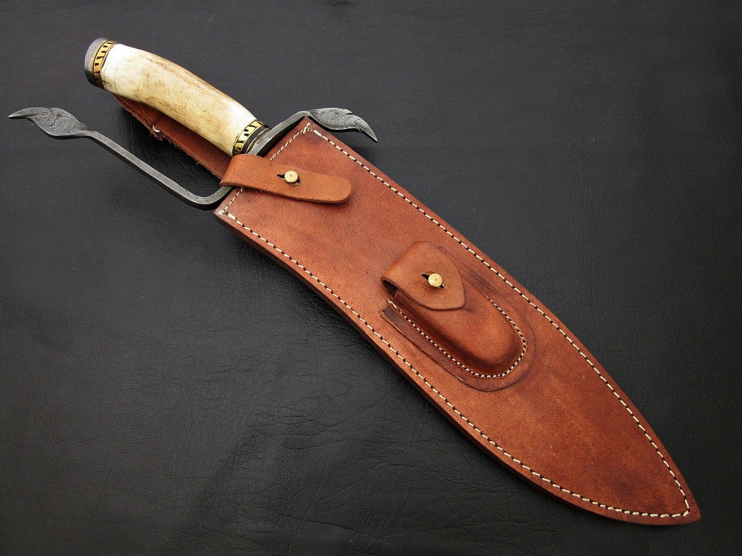 Custom Made Damascus Steel Hunting Bowie Knife With Leather Sheath A-116 - Arham Cutlery