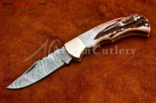 Custom Handmade Damascus Steel Blade, Back Lock, Folding Knife by Arham Cutlery | A-19 - Arham Cutlery