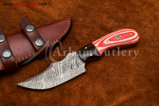 Custom Handmade Damascus Steel Fixed Blade Hunting Skinning Knife With Leather Sheath by Arham Cutlery | A-85 - Arham Cutlery