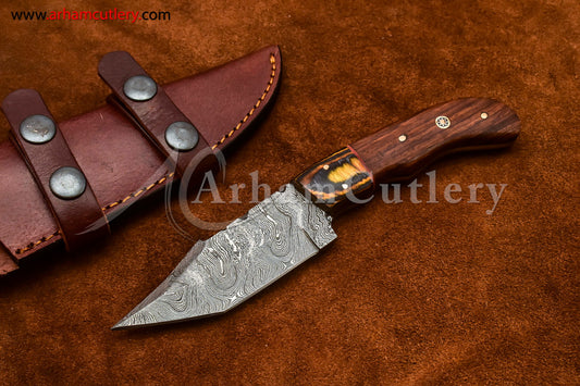 Custom Handmade Damascus Steel Fixed Blade Hunting Skinning Knife With Leather Sheath by Arham Cutlery | A-83 - Arham Cutlery
