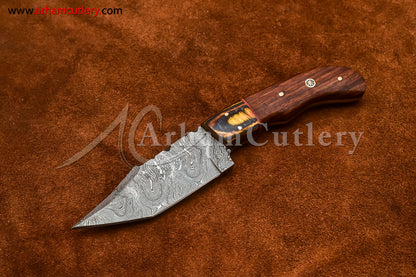 Custom Handmade Damascus Steel Fixed Blade Hunting Skinning Knife With Leather Sheath by Arham Cutlery | A-83 - Arham Cutlery