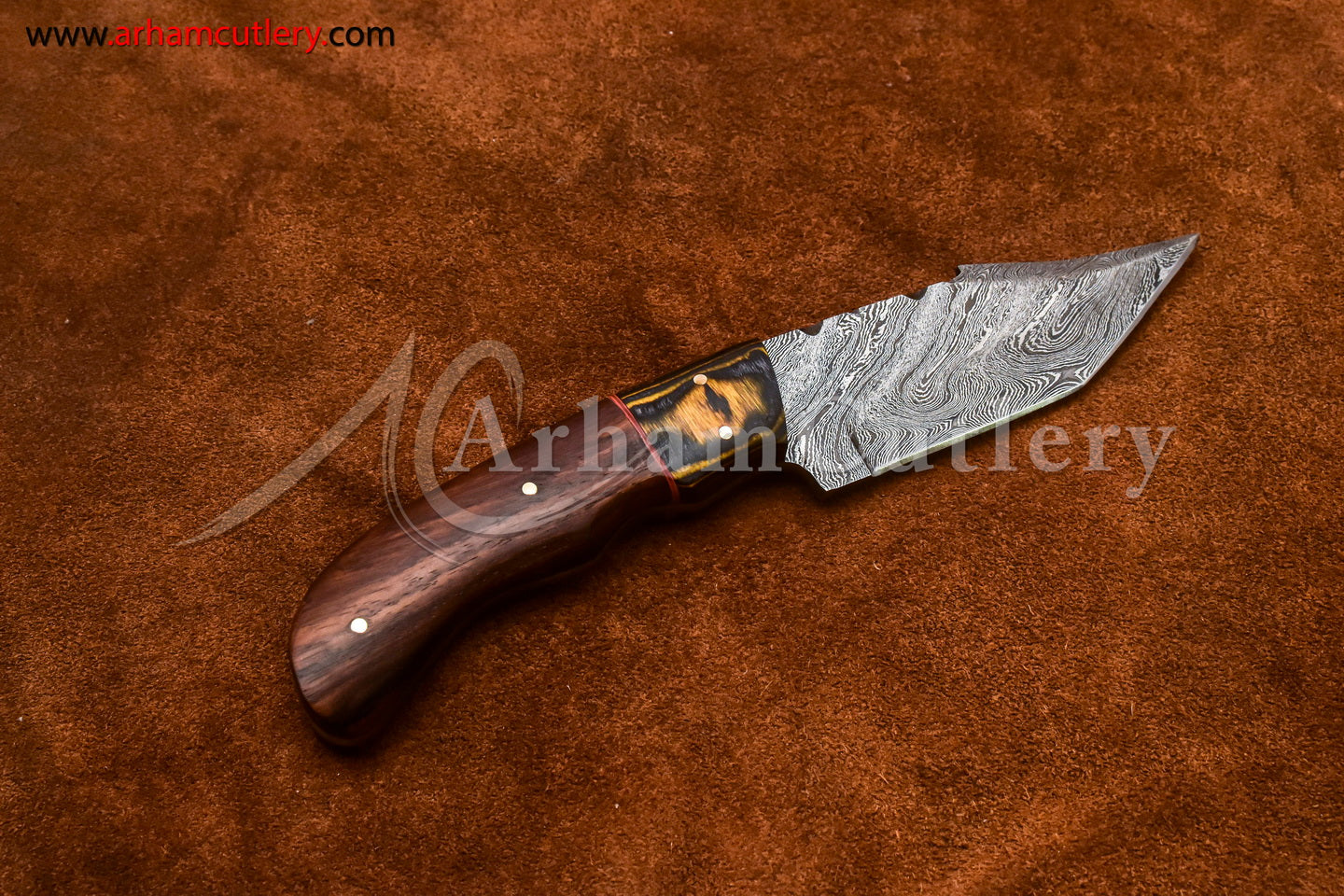 Custom Handmade Damascus Steel Fixed Blade Hunting Skinning Knife With Leather Sheath by Arham Cutlery | A-83 - Arham Cutlery