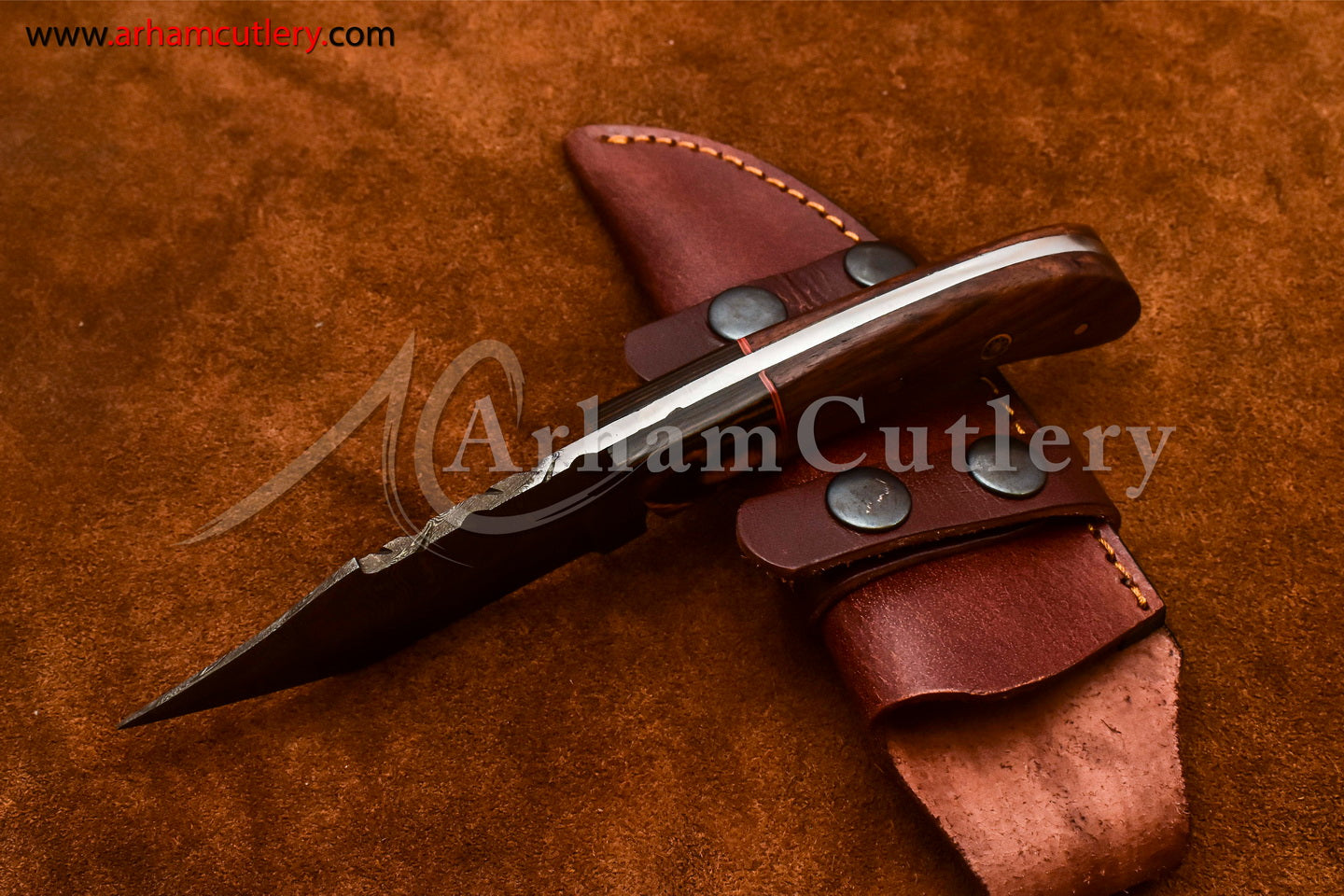 Custom Handmade Damascus Steel Fixed Blade Hunting Skinning Knife With Leather Sheath by Arham Cutlery | A-83 - Arham Cutlery