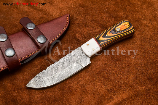 Custom Handmade Damascus Steel Fixed Blade Hunting Skinning Knife With Leather Sheath by Arham Cutlery | A-81 - Arham Cutlery