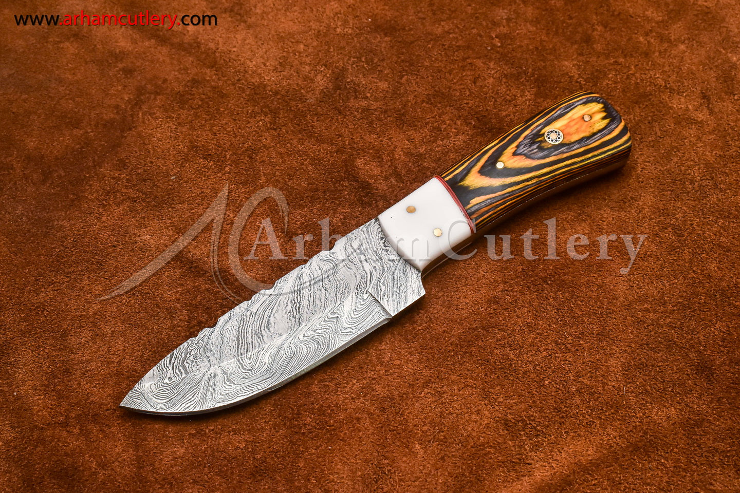Custom Handmade Damascus Steel Fixed Blade Hunting Skinning Knife With Leather Sheath by Arham Cutlery | A-81 - Arham Cutlery